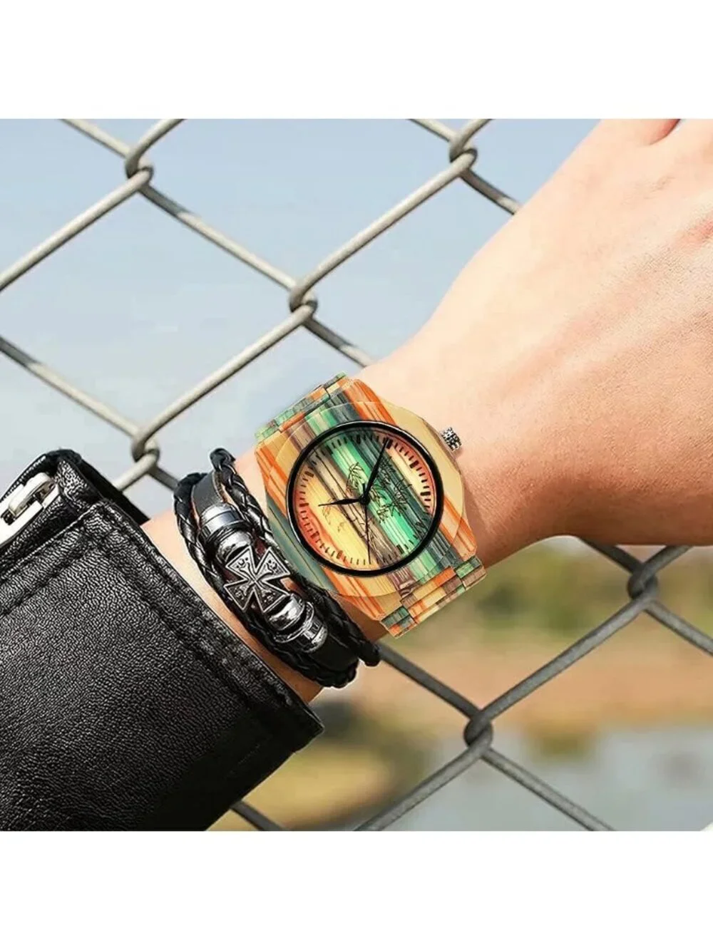Men's Multi Color Classic Handmade Simple Bamboo Analog Date Quartz Wooden Watch